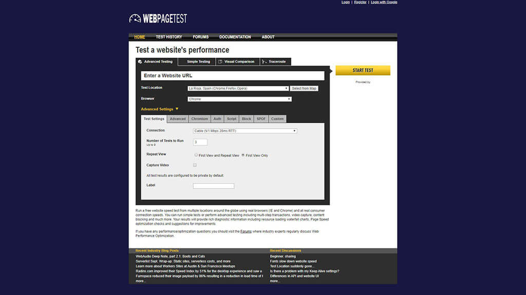 Página de inicio de WebPageTest.org