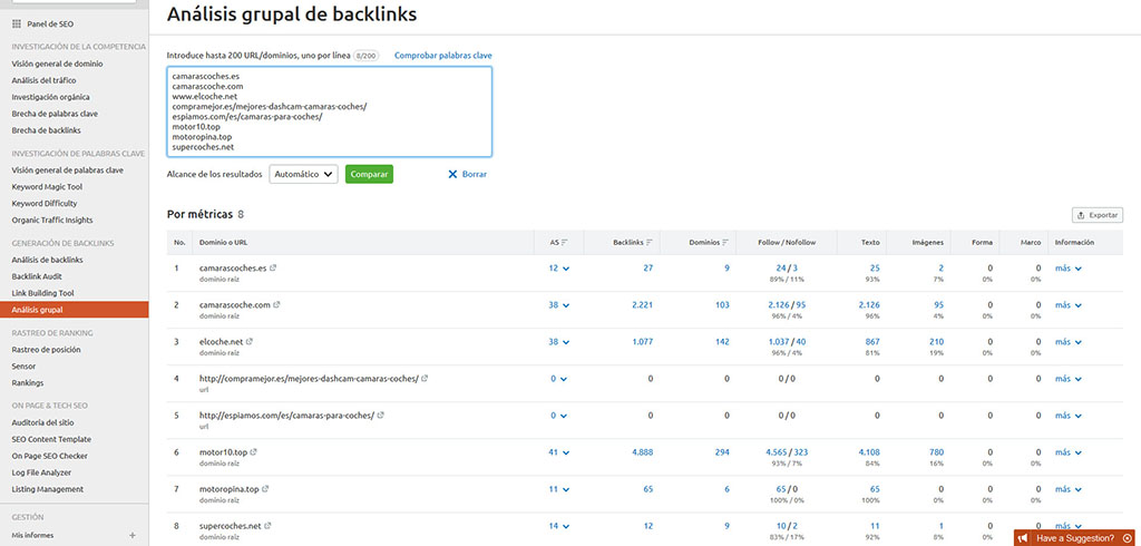 Análisis grupal de backlinks en SemRush